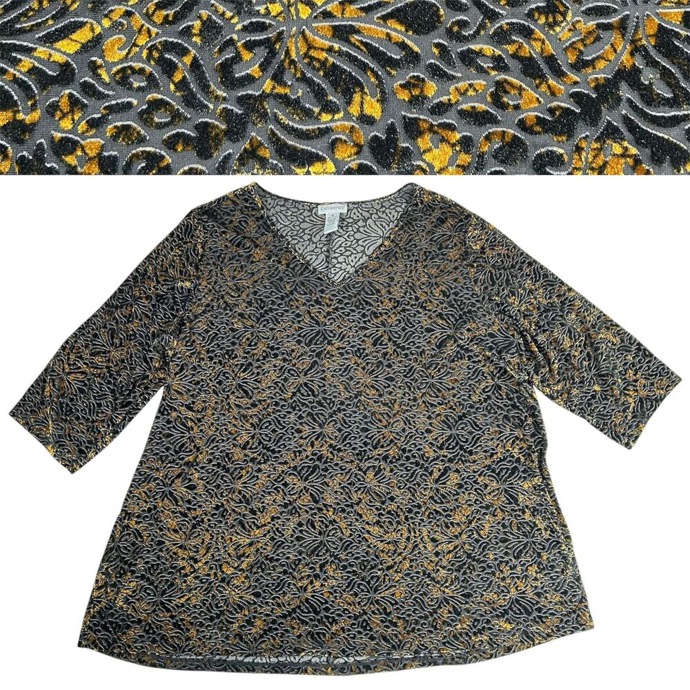 Vintage Velvet Burnout Top Gold Black Romantic Whimsigoth Witchy Women's Size 2X